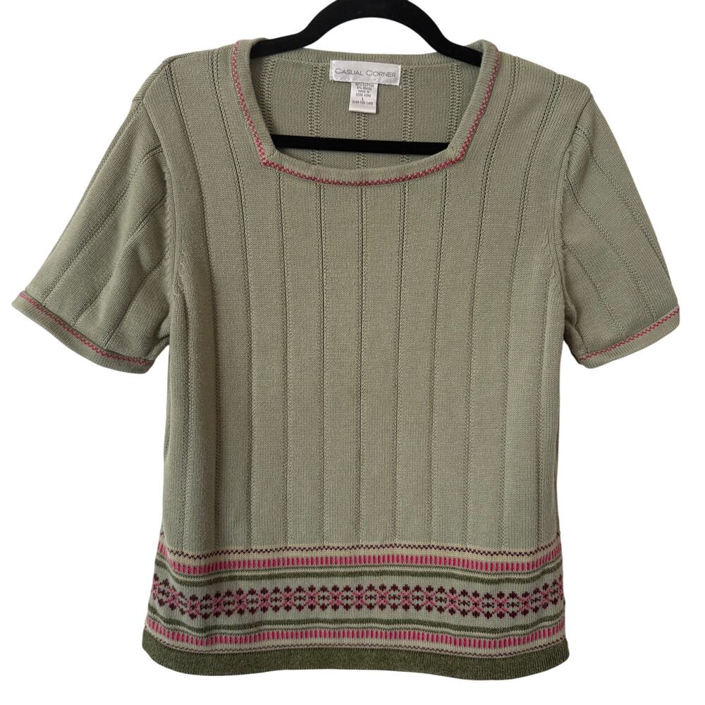 Casual Corner Green/Pink Sweater Knit ShortSleeve Square Neckline Grandma Core-L